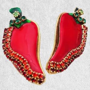 Vintage Lunch At The Ritz Red  Chili Pepper Enameled/Rhinestone Pierced Earrings